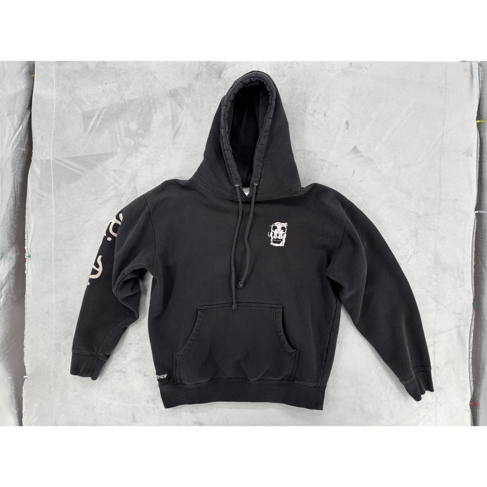 RIPNDIP Hoodie Mens Medium Black Pullover Fleece Cat Skull Graphic Sleeve Logo